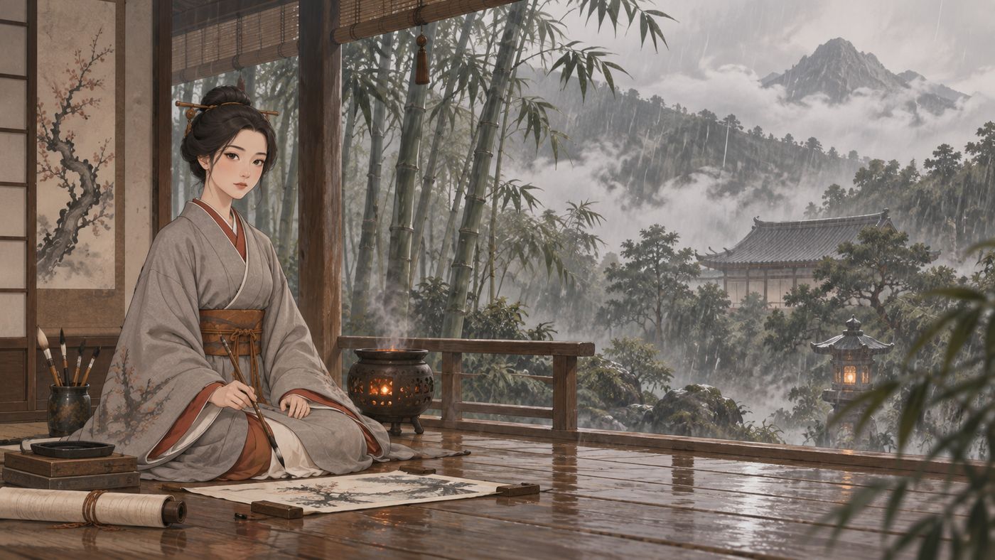 Chiyo sitzt reglos auf der Veranda