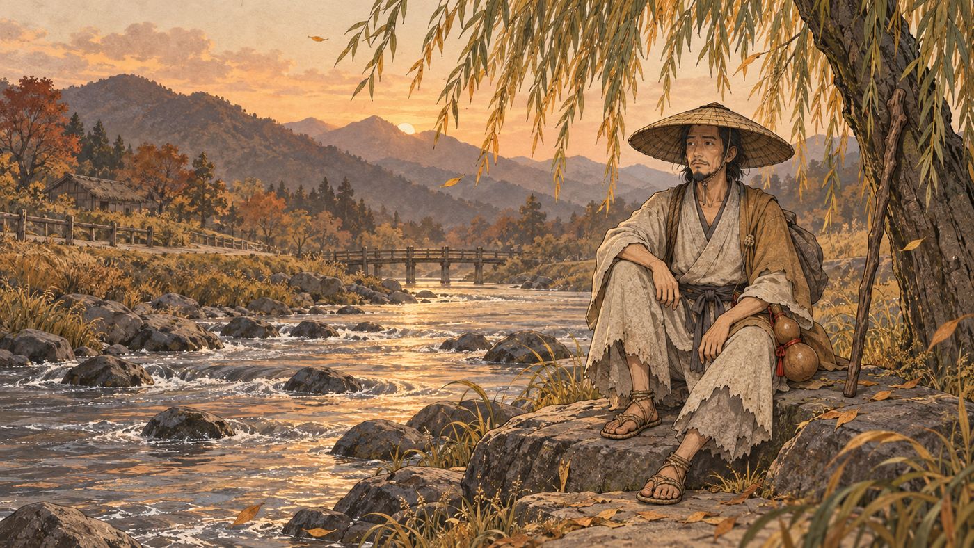 Hōzan sitzt reglos auf dem Stein am Fluss
