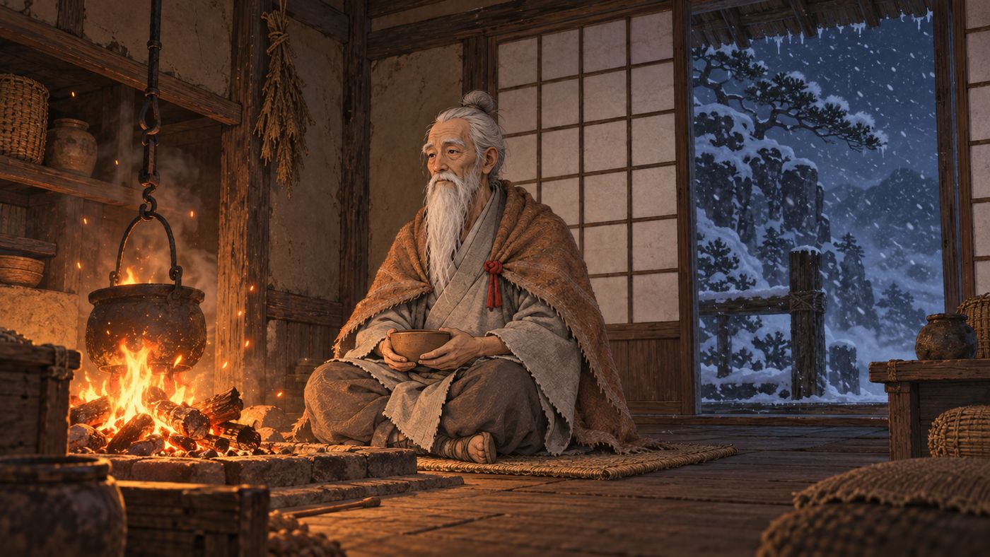 Jirō sitzt reglos vor dem Herdfeuer